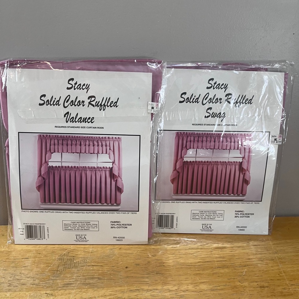 Vtg Stacy Ruffled Swag & Valance Set Raspberry Pink Cottagecore Kmart USA NEW